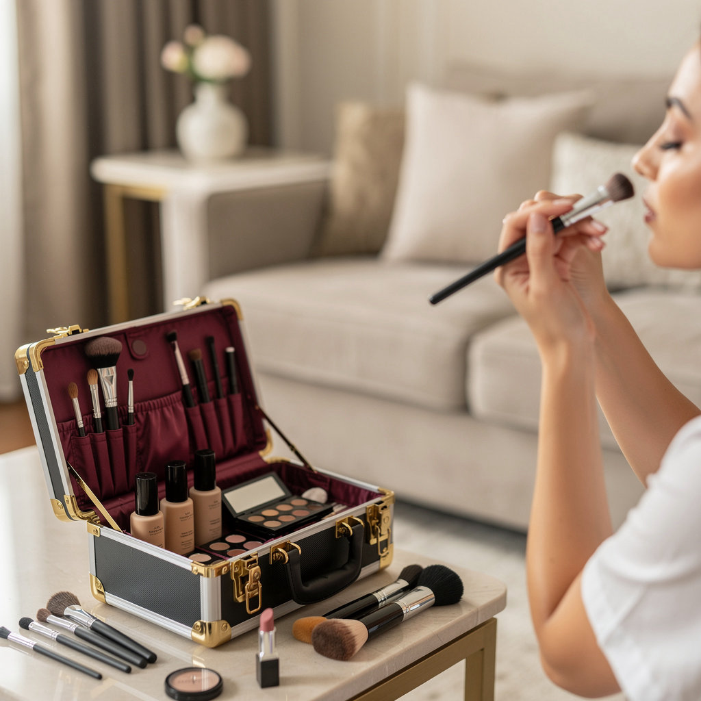 Anabella professional makeup artist applying makeup at home in Casablanca